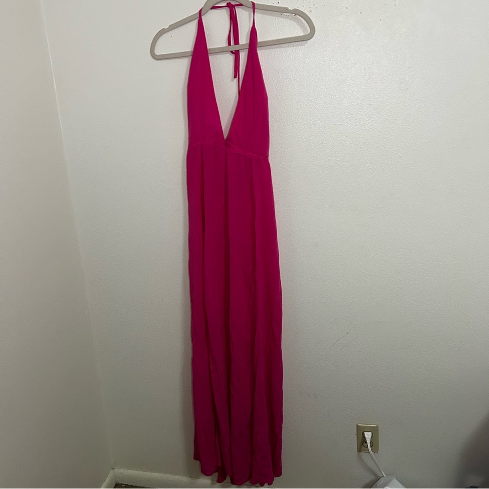Super down Revolve hot pink halter dress with straps cutout back - Picture 5 of 14
